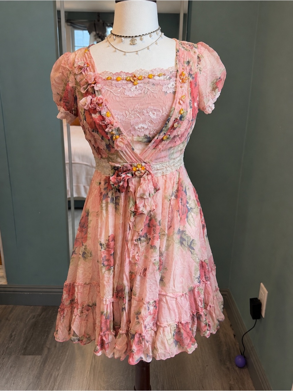 Pink Mary 100% Mulberry Silk Floral Lace Beaded Dress S/M